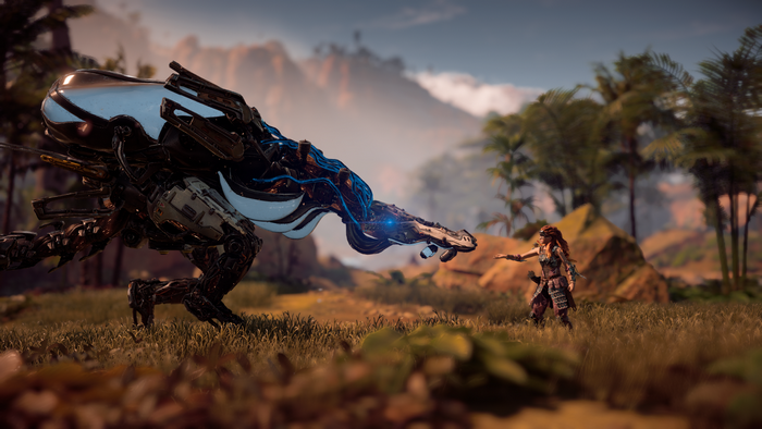 Aloy from Horizon Zero Dawn confronts a mechanical creature