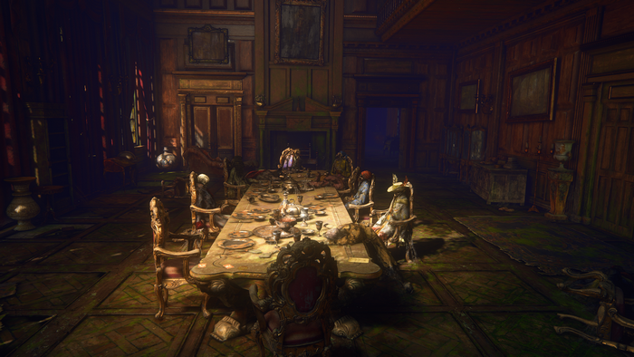 Dining room with figures around a table