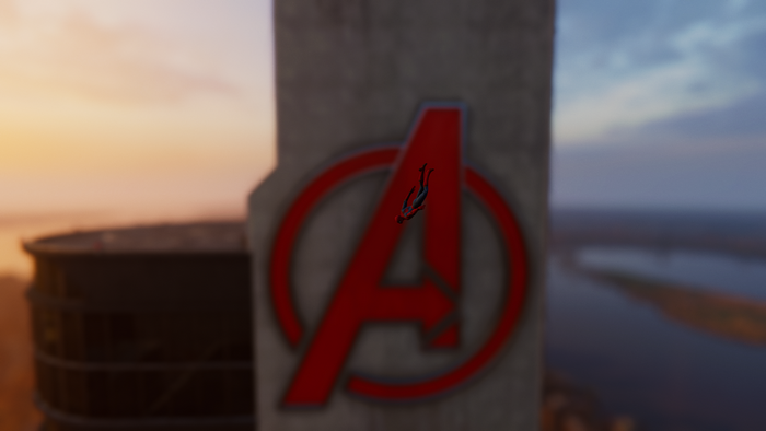 Spider-Man falling in front of Avengers Tower