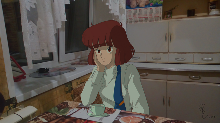 Irene Chang from Bubblegum Crisis in a kitchen
