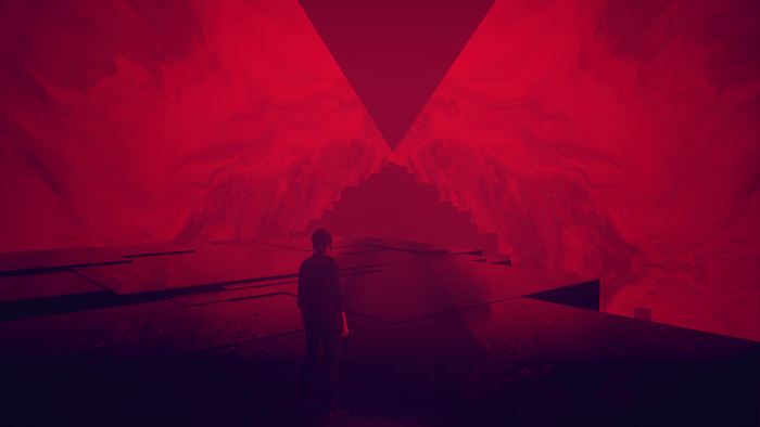 Jesse Faden from Control in a red pyramid