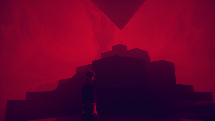 Jesse Faden from Control in a red abstract environment