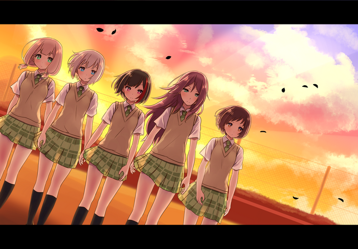 Five anime girls in school uniforms from BanG Dream! at sunset