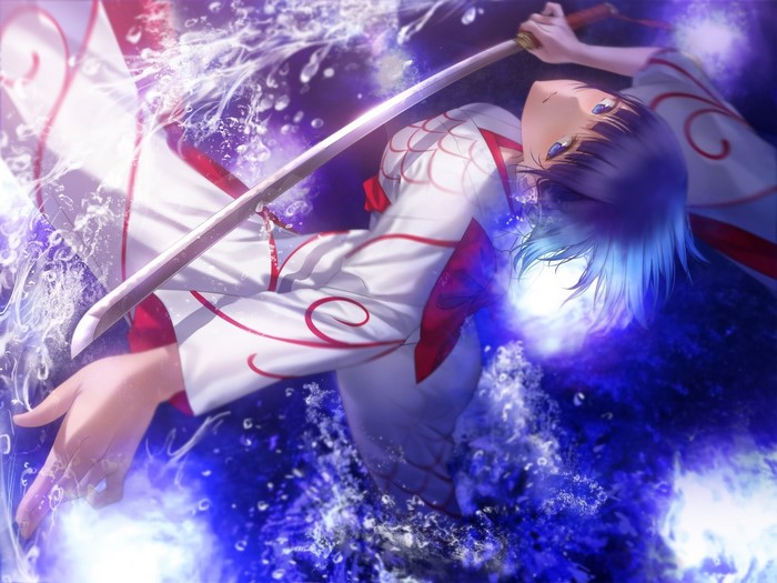 Anime girl with sword in water