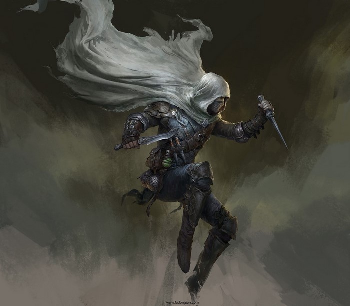 Fantasy warrior with hood and cloak holding daggers