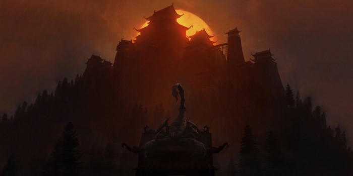 Scorpion statue in front of a dark castle at sunset