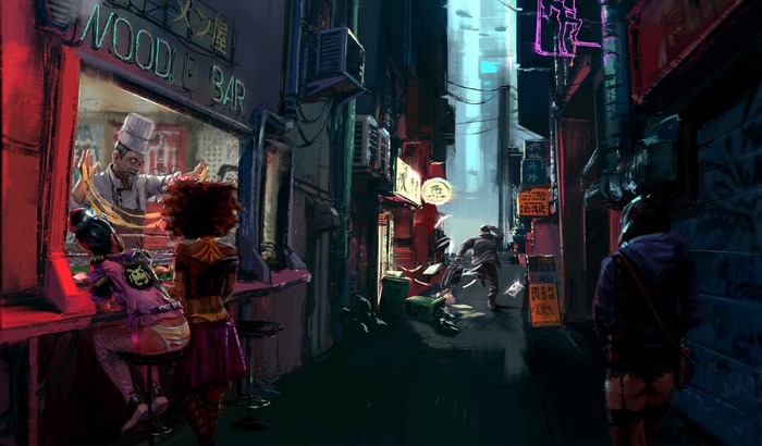 Cyberpunk noodle bar alleyway scene