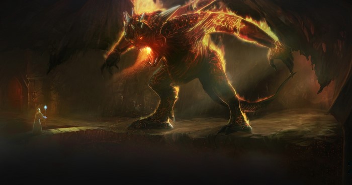 Gandalf confronts a fiery Balrog in a cave