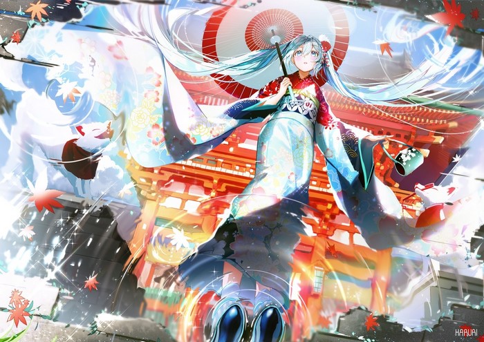 Hatsune Miku in Kimono with Umbrella and Fox Spirit