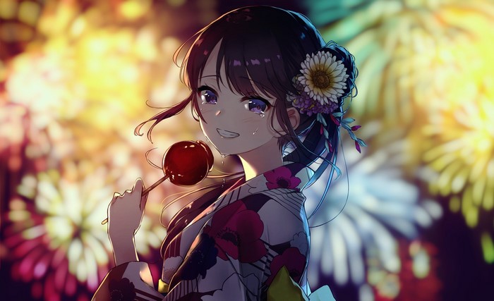 Kusaka Kou Smiling in Yukata with Candy Apple