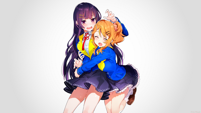 Two anime girls in school uniforms hugging