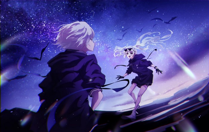 Two anime characters under a starry night sky