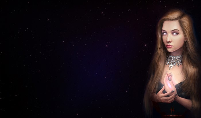 Fantasy girl with glowing eyes and hands in starry background