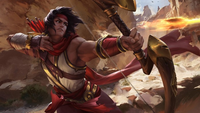 Archer drawing a bow in a desert landscape