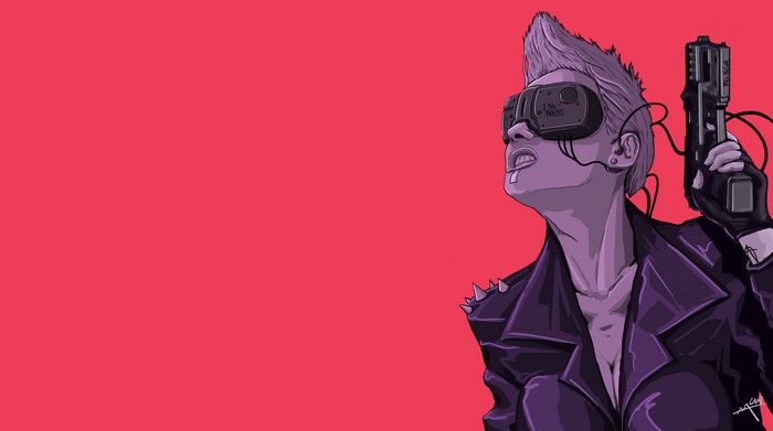 Cyberpunk woman with gun and VR goggles
