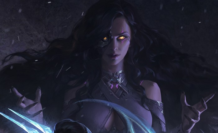 Woman with long dark hair and glowing yellow eyes