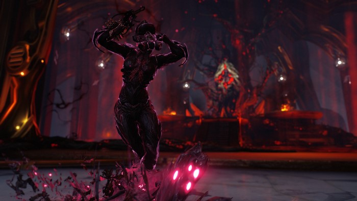 Warframe Tenno in a dark, corrupted environment
