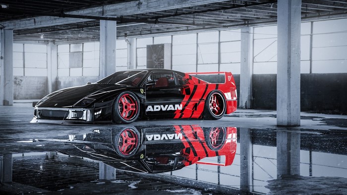 Black and red Ferrari F40 with ADVAN livery
