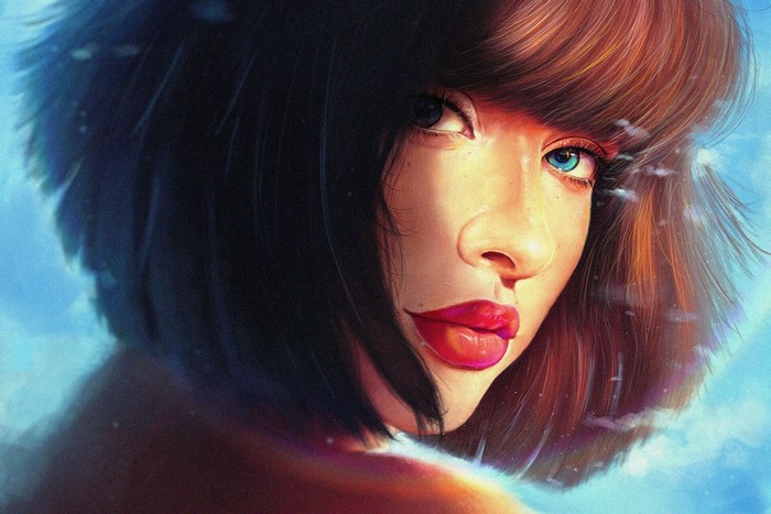 Artwork of a woman with red lipstick and blue eyes
