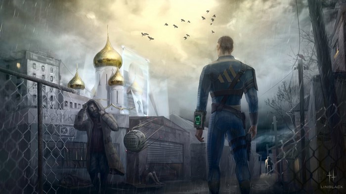 Fallout character in front of Russian church