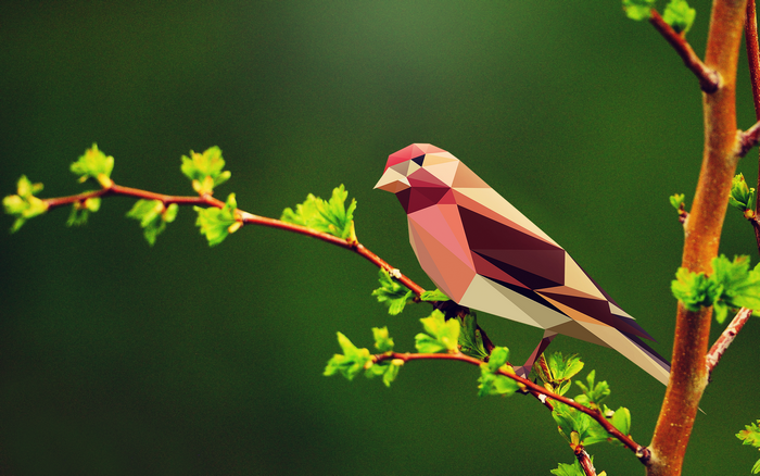 Geometric bird on a branch with green leaves