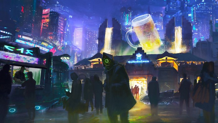 Futuristic cityscape with a giant beer mug advertisement