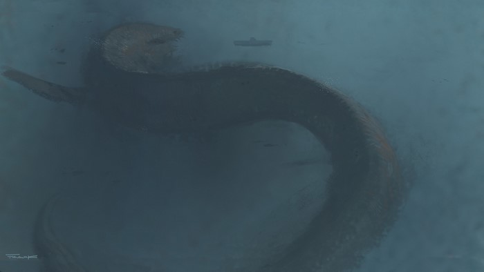 Giant sea creature and submarine underwater