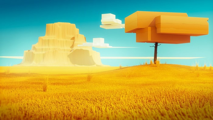 Stylized desert landscape with rock formations and a tree