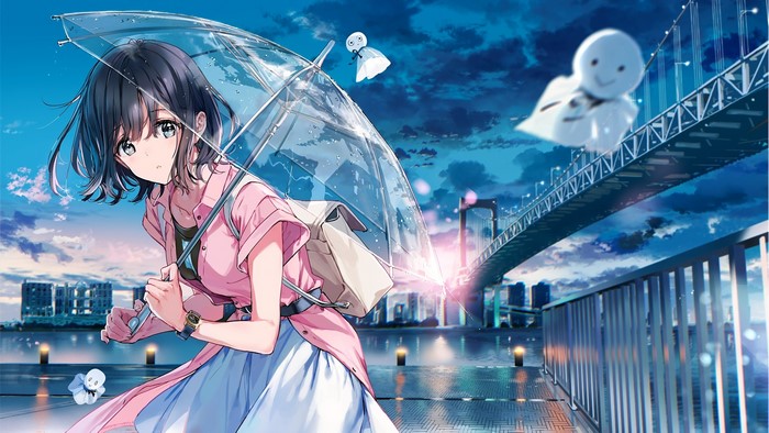 Anime girl with umbrella on a bridge at night