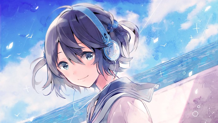 Anime girl with headphones by the sea