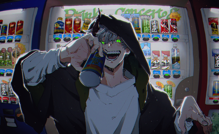 Male with horns and green eyes holding a drink can