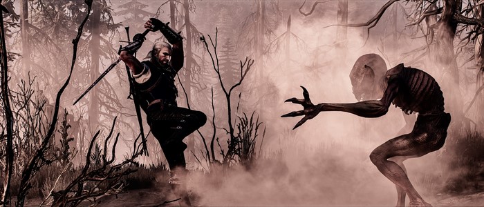 Geralt of Rivia fighting a monster in The Witcher 3