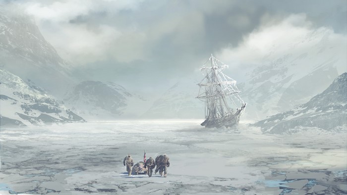 Artwork of explorers and a frozen ship in the Arctic