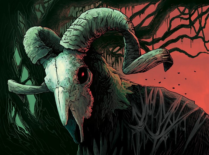 Fantasy art of a ram skull creature with red eyes