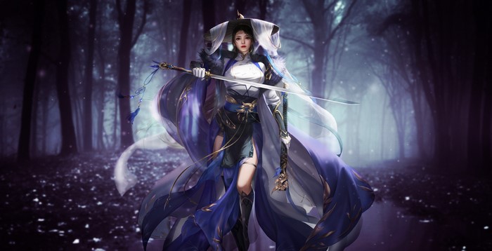 Fantasy warrior woman with sword in dark forest