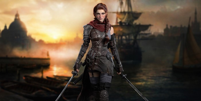 Fantasy girl with swords in a port city at sunset
