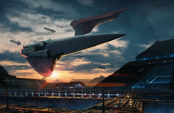 Futuristic spaceships over a futuristic city at sunset