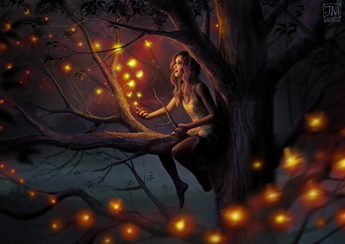 Fantasy art of a woman with glasses and fireflies