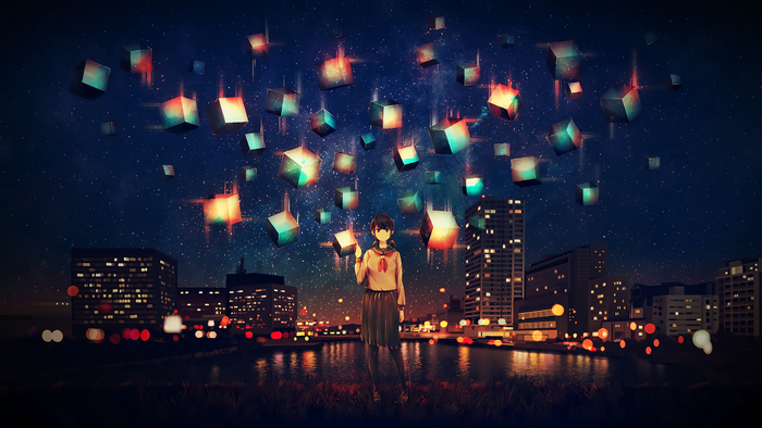 Girl in uniform with glowing cubes over city at night