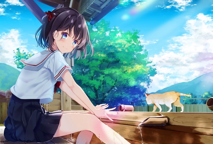 Anime girl in school uniform with cat by a bath