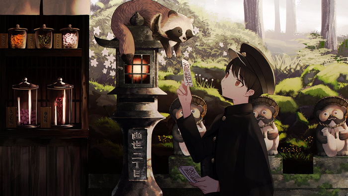 Boy with tanuki statues and lantern
