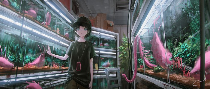 Anime girl in hat looking at pink sea creatures in tanks