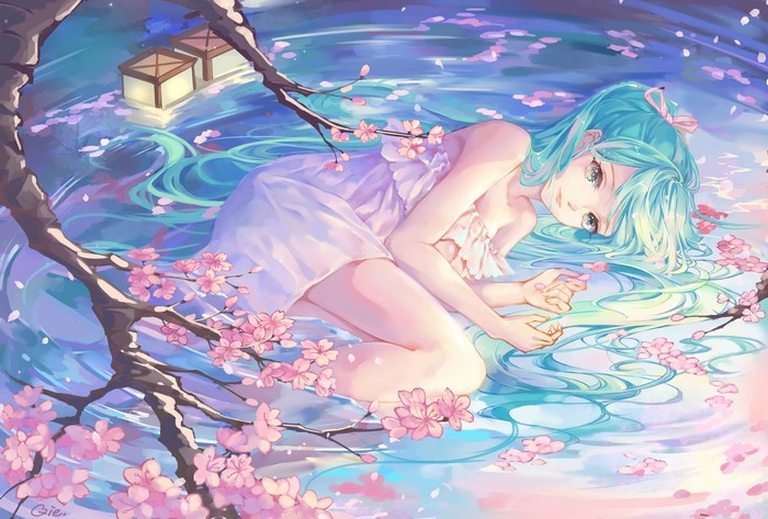Anime girl with blue hair lying in water with cherry blossoms