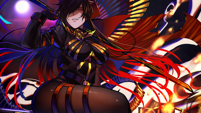 Woman with long black hair and sword