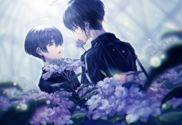 Two males with black hair in the rain with hydrangeas