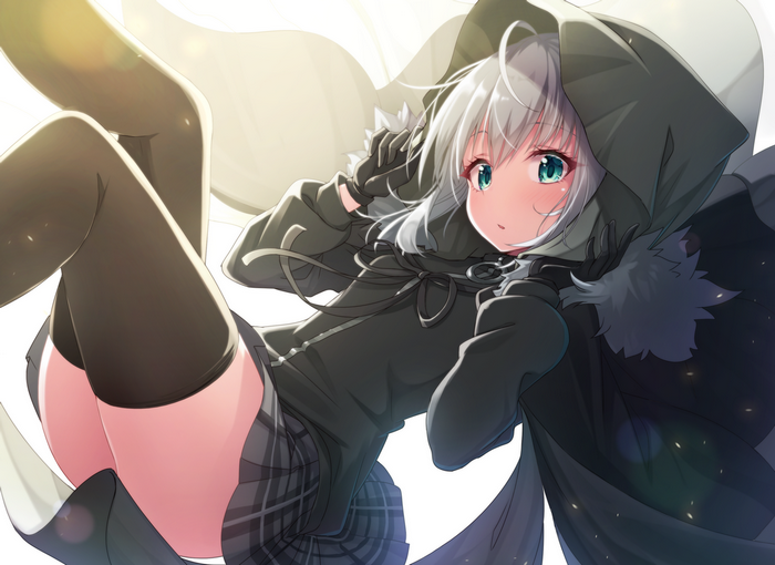 Anime girl with silver hair and blue eyes wearing a hoodie