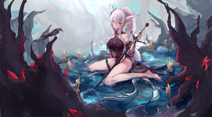 Anime girl with horns and staff in water