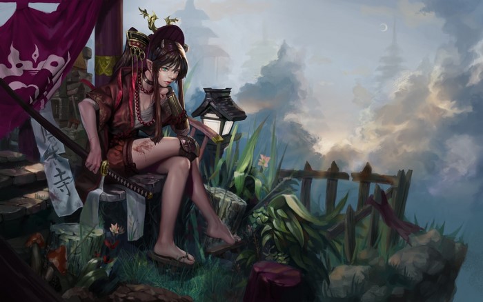 Fantasy girl with horns and sword sitting outdoors