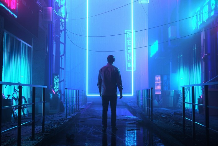 Man in cyberpunk city with neon lights