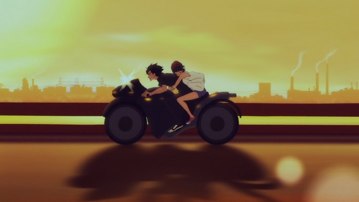 Two people riding a motorcycle in Devilman Crybaby
